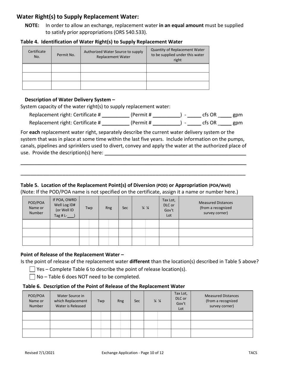 Application for Water Right Exchange - Oregon, Page 10