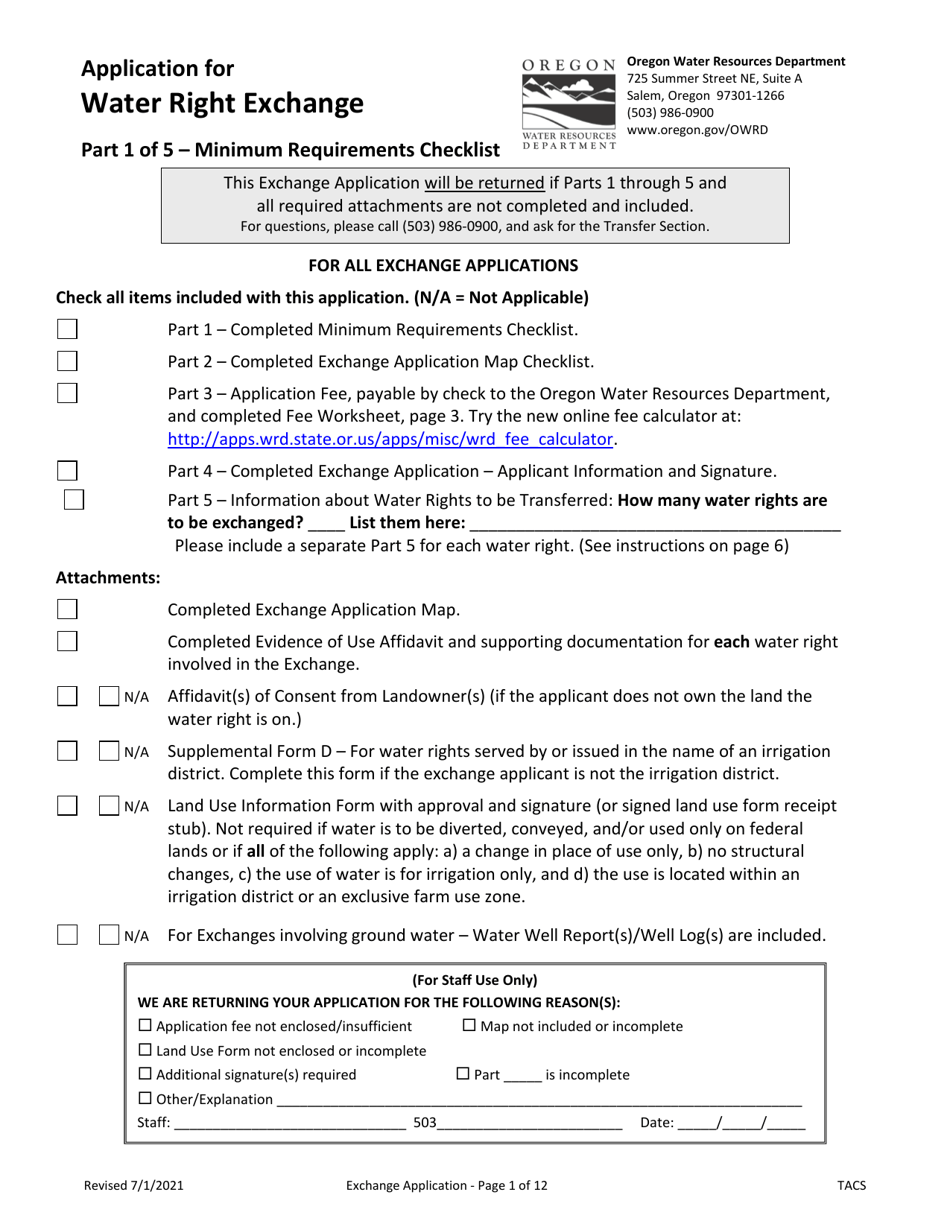 Application for Water Right Exchange - Oregon, Page 1