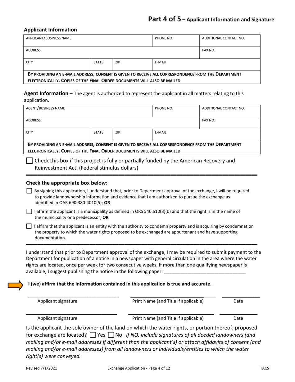 Application for Water Right Exchange - Oregon, Page 4