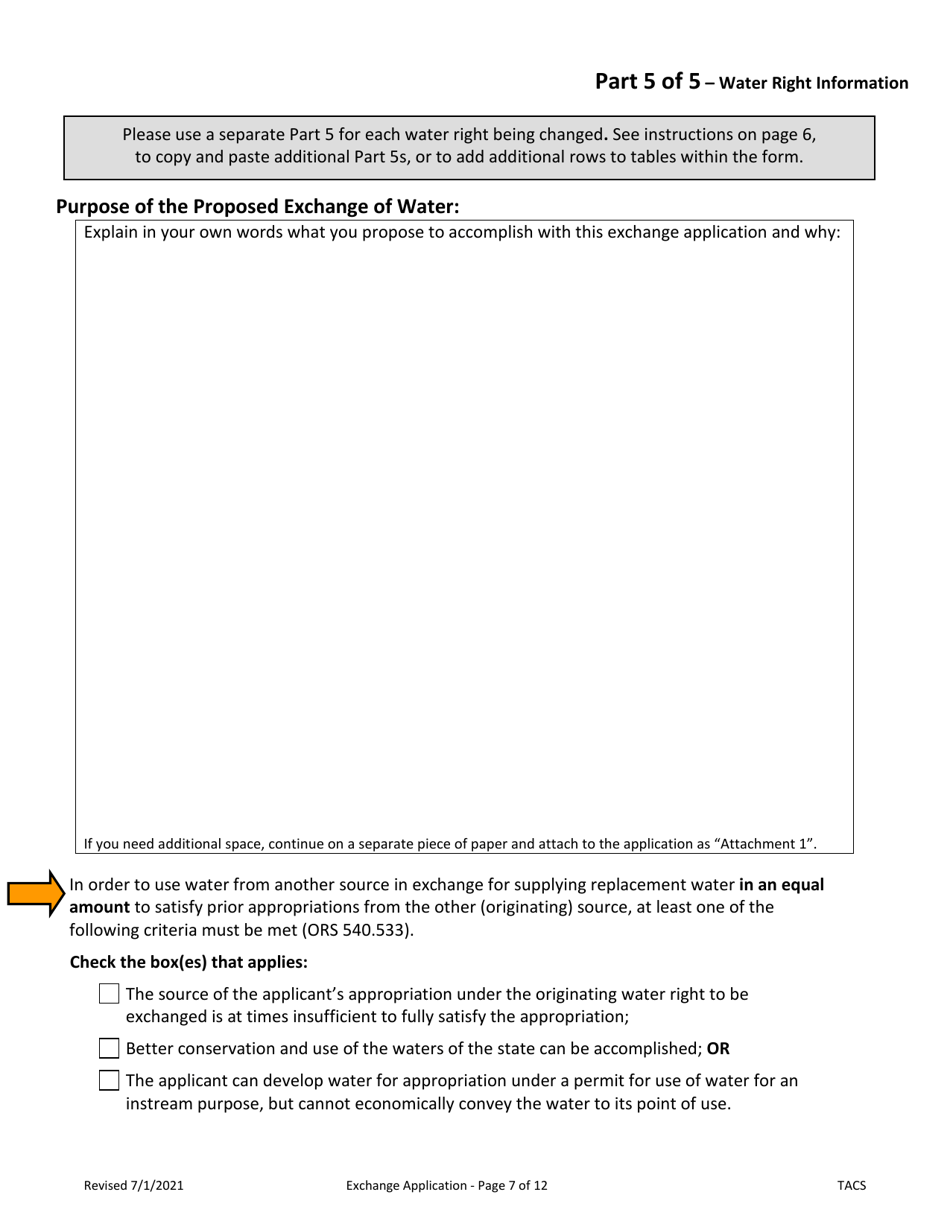 Application for Water Right Exchange - Oregon, Page 7