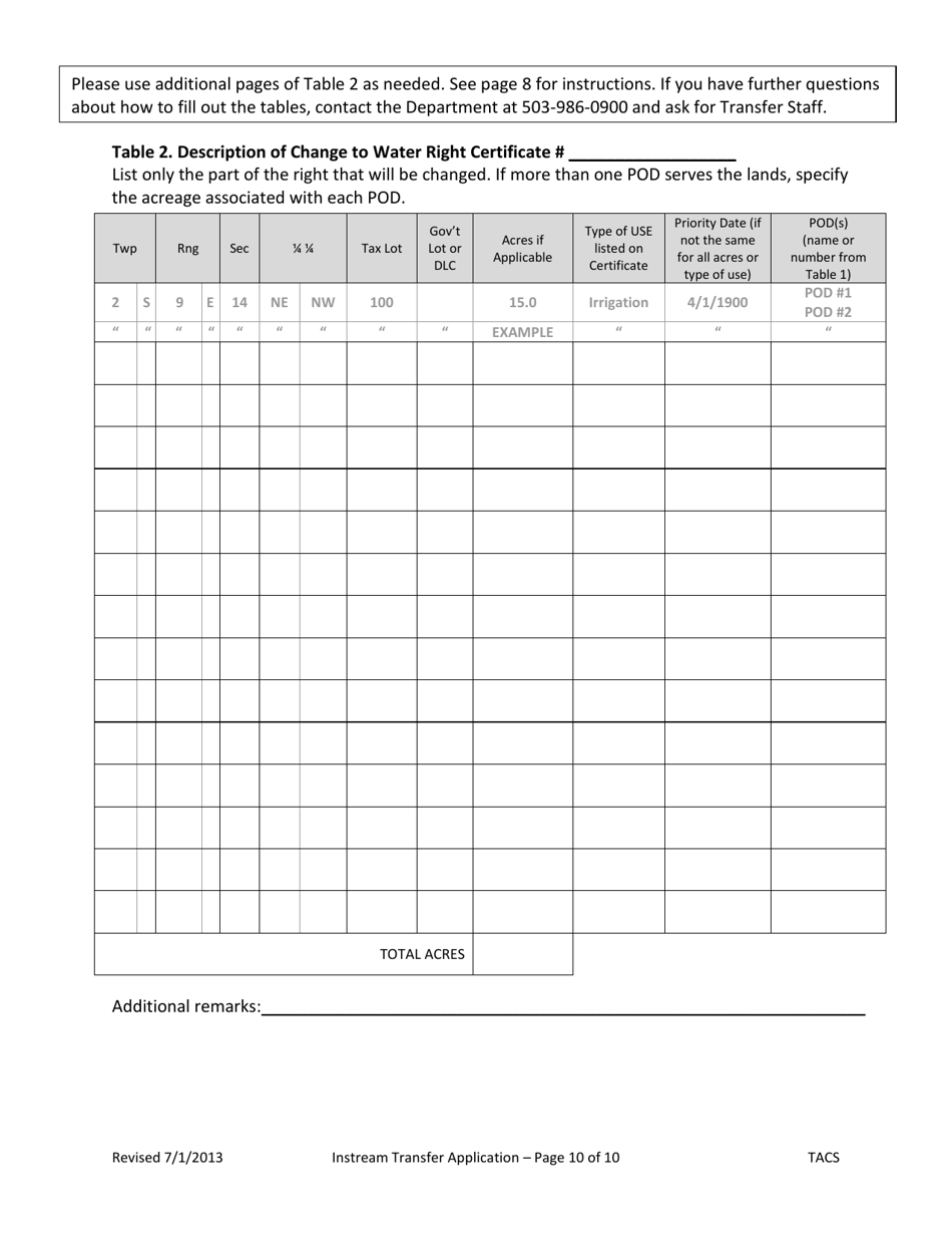 Application for Water Right Instream Transfer - Oregon, Page 10