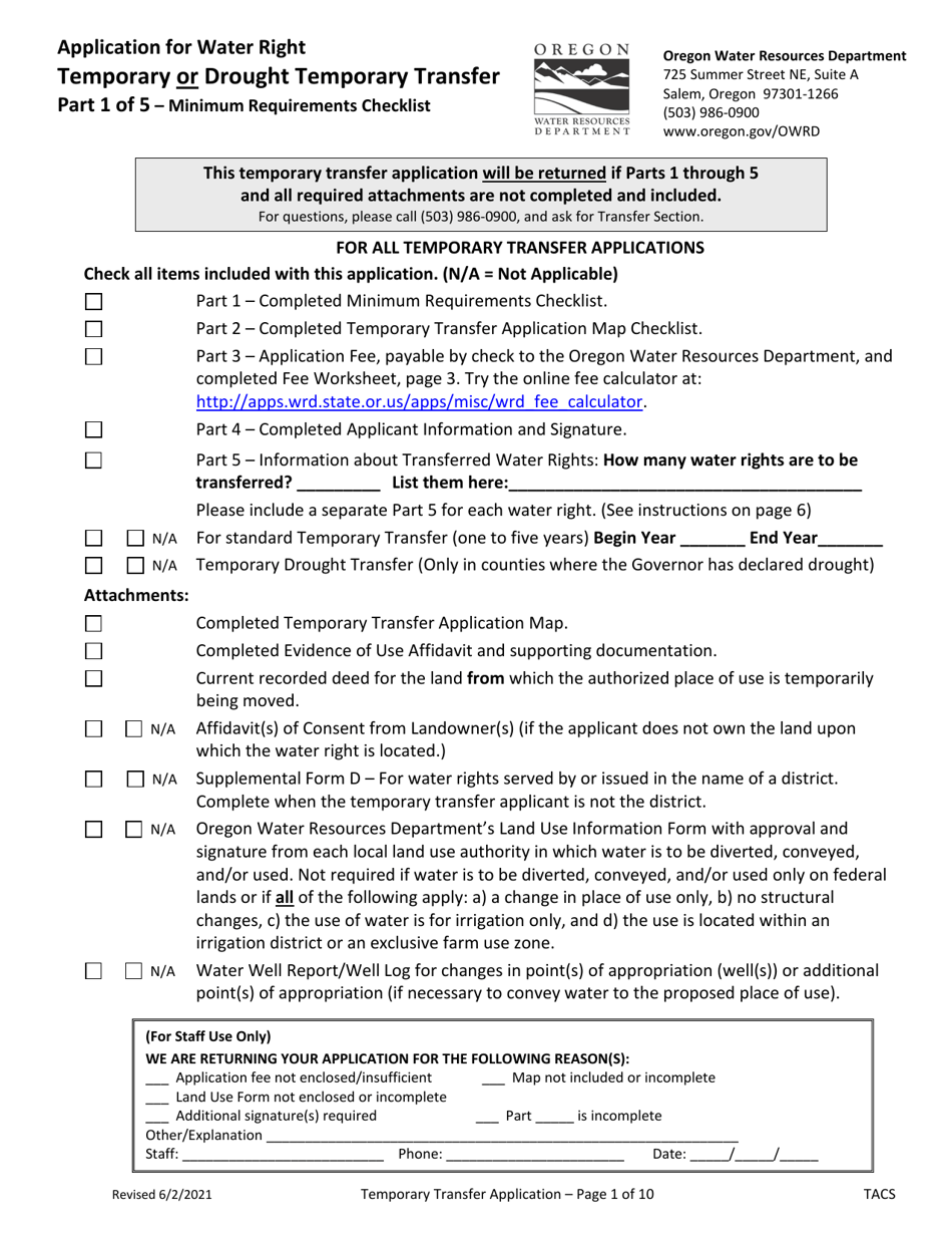 Application for Water Right Temporary or Drought Temporary Transfer - Oregon, Page 1