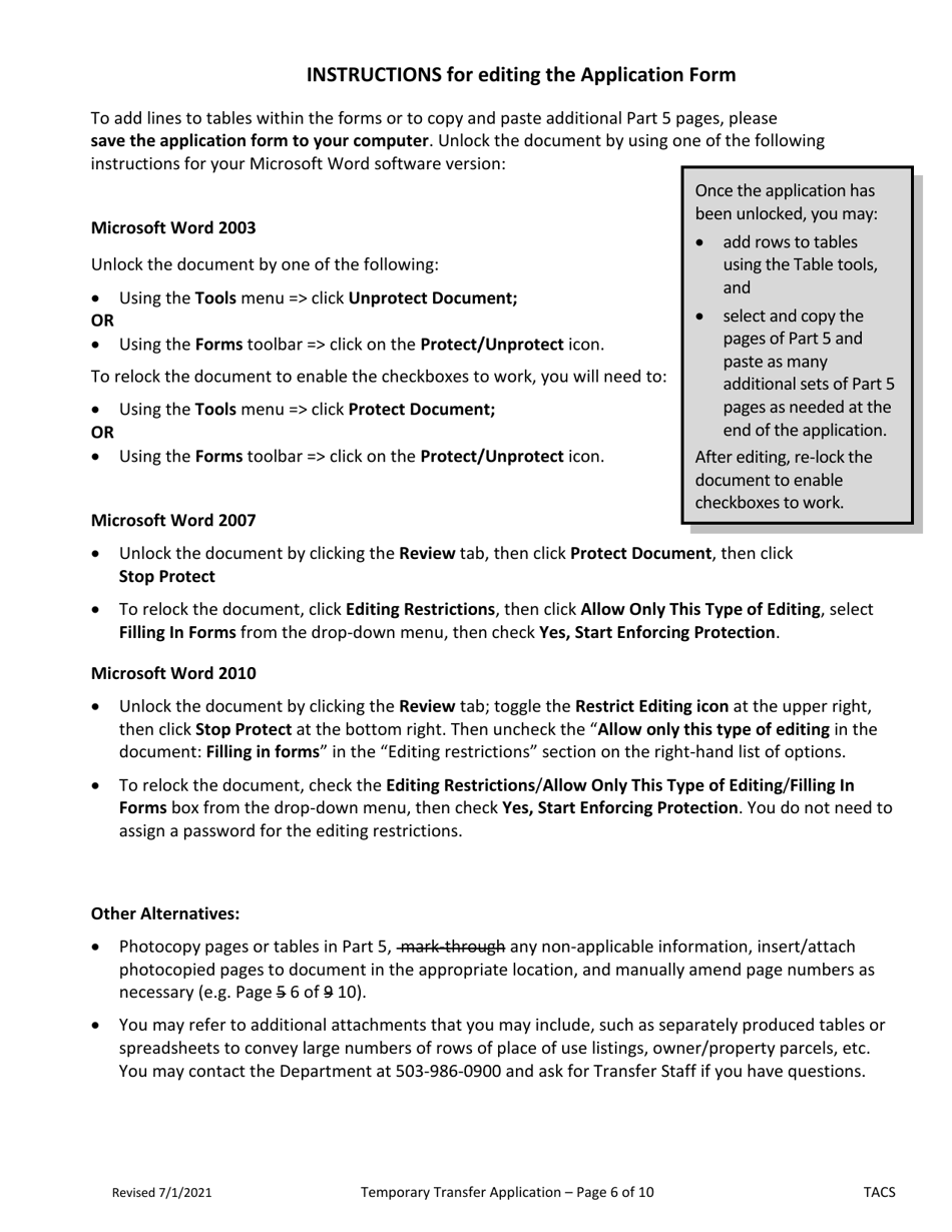 Application for Water Right Temporary or Drought Temporary Transfer - Oregon, Page 6