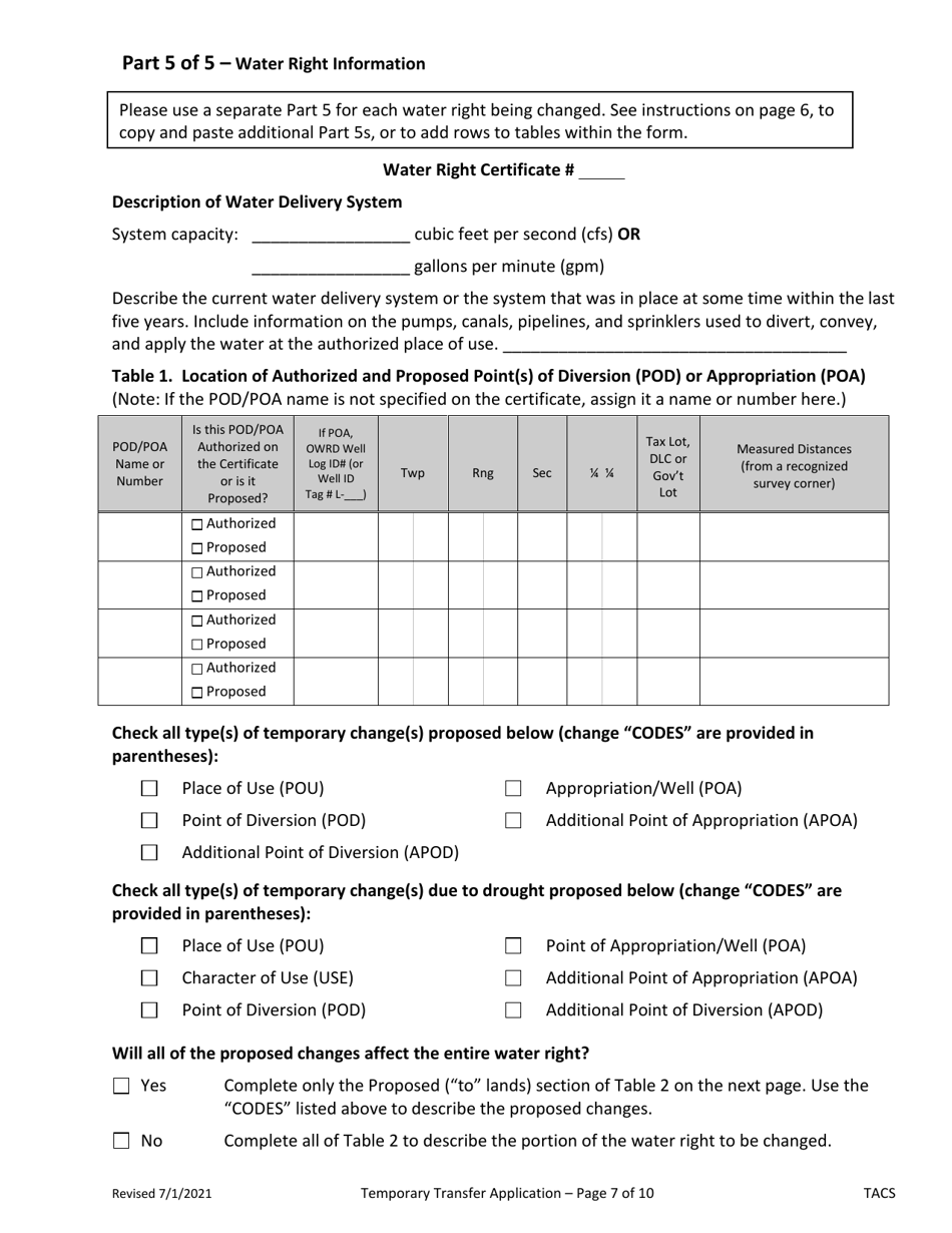 Application for Water Right Temporary or Drought Temporary Transfer - Oregon, Page 7