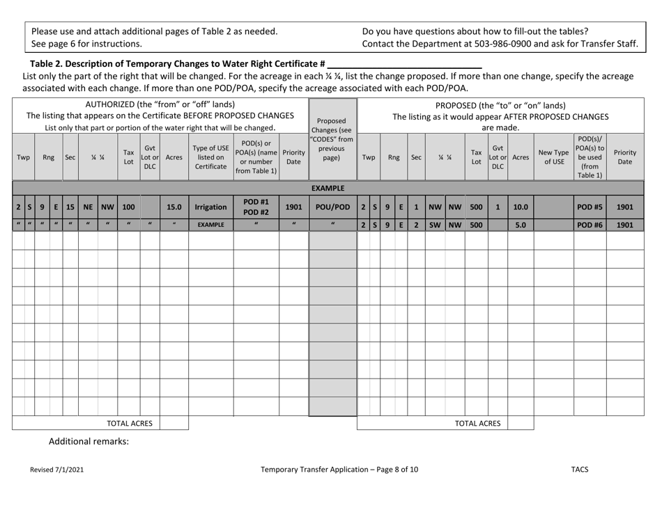 Application for Water Right Temporary or Drought Temporary Transfer - Oregon, Page 8