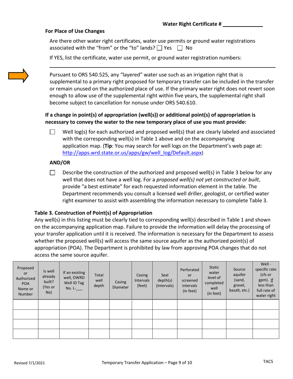 Application for Water Right Temporary or Drought Temporary Transfer - Oregon, Page 9