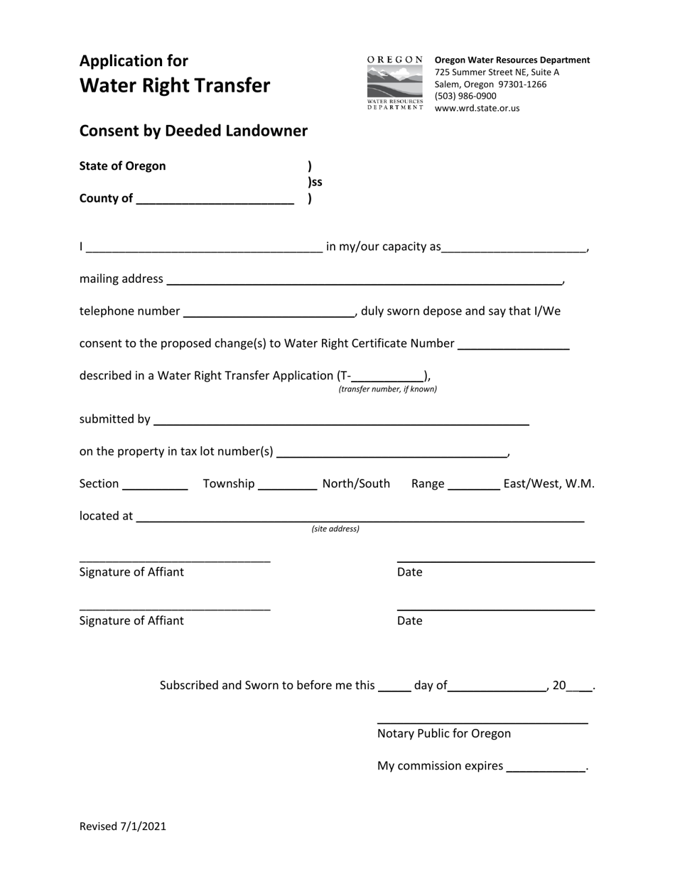 Oregon Application for Water Right Transfer (Consent by Deeded Landowner) Fill Out, Sign