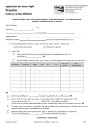 Document preview: Application for Water Right Transfer (Evidence of Use Affidavit) - Oregon