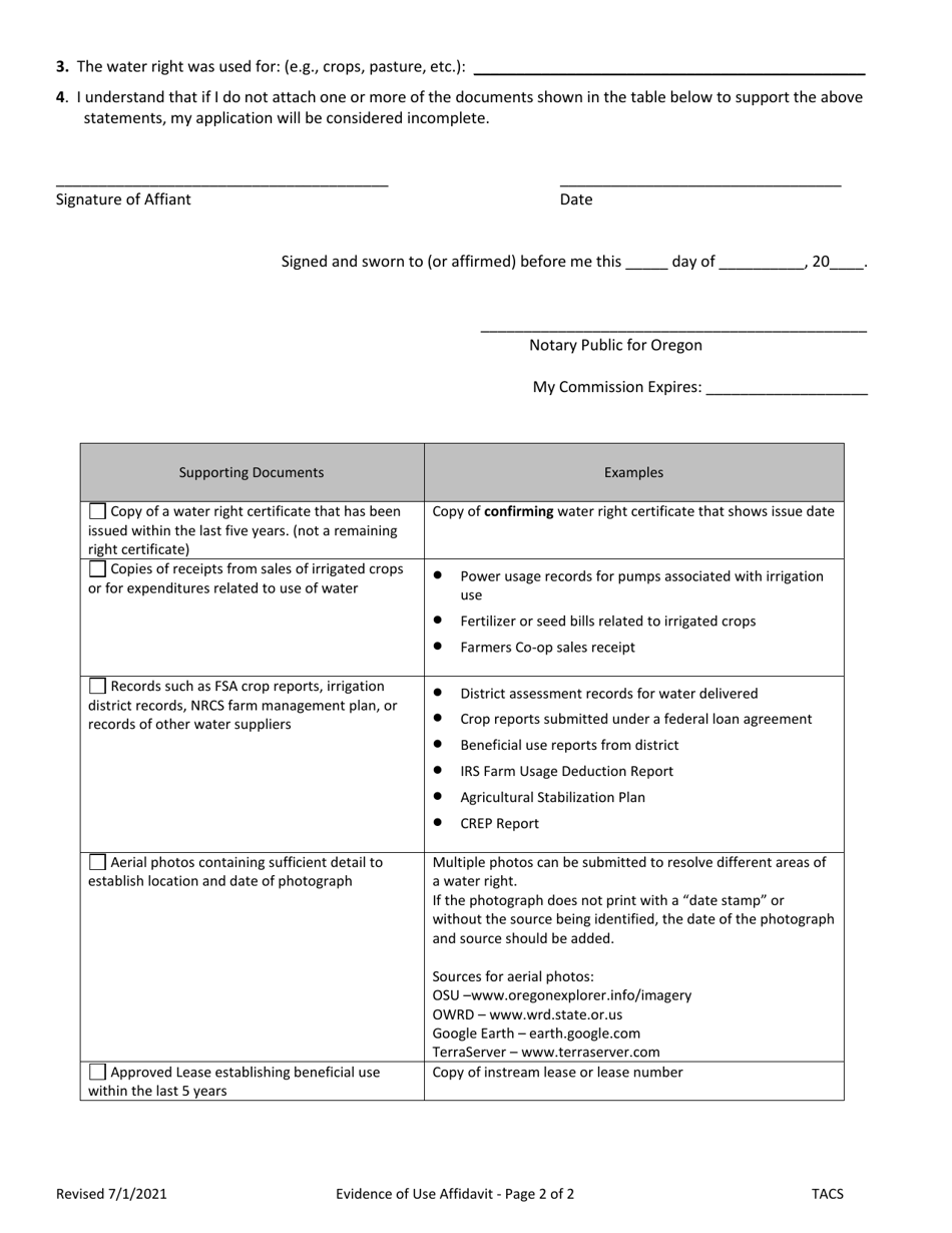 Application for Water Right Transfer (Evidence of Use Affidavit) - Oregon, Page 2