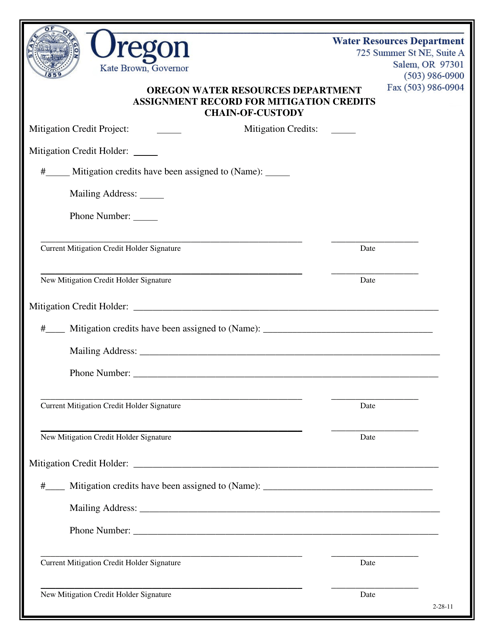 Assignment Record for Mitigation Credits Chain-Of-Custody (Primary Form) - Oregon Download Pdf
