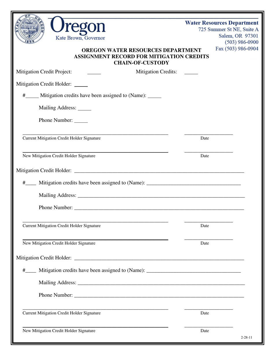 Assignment Record for Mitigation Credits Chain-Of-Custody (Primary Form) - Oregon, Page 1