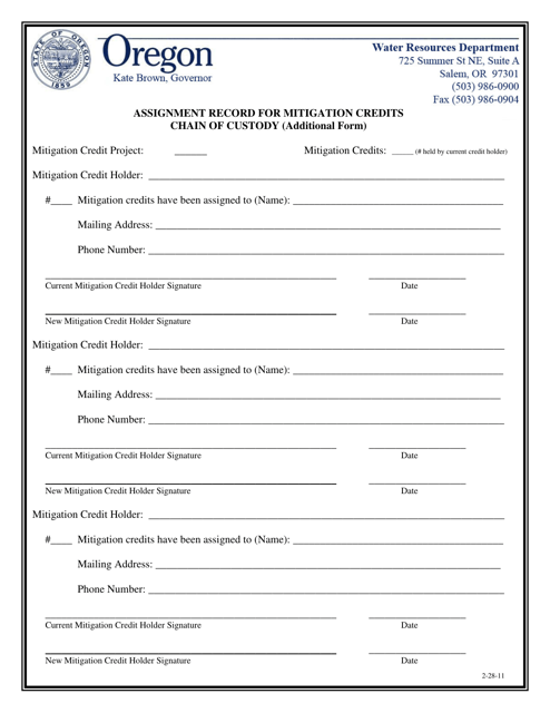 Assignment Record for Mitigation Credits Chain-Of-Custody (Additional Form) - Oregon