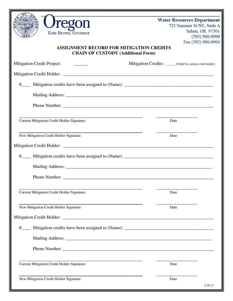 Assignment Record for Mitigation Credits Chain-Of-Custody (Additional Form) - Oregon, Page 1