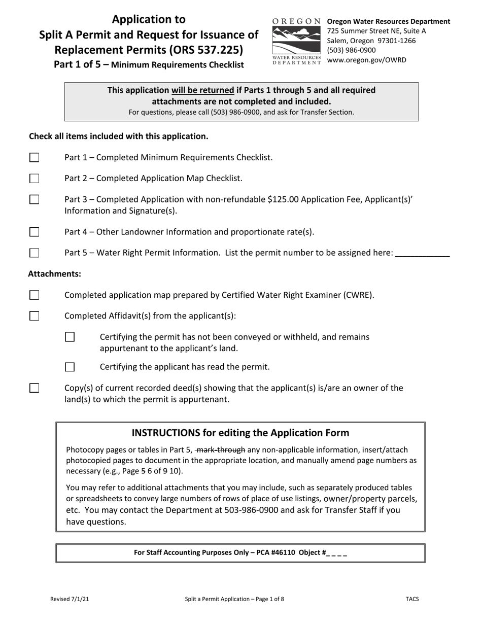Application to Split a Permit and Request for Issuance of Replacement Permits - Oregon, Page 1