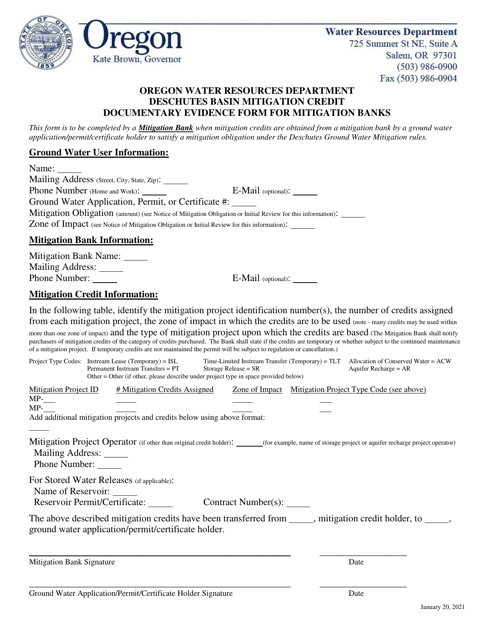 &quot;Deschutes Basin Mitigation Credit Documentary Evidence Form for Mitigation Banks&quot; - Oregon Download Pdf