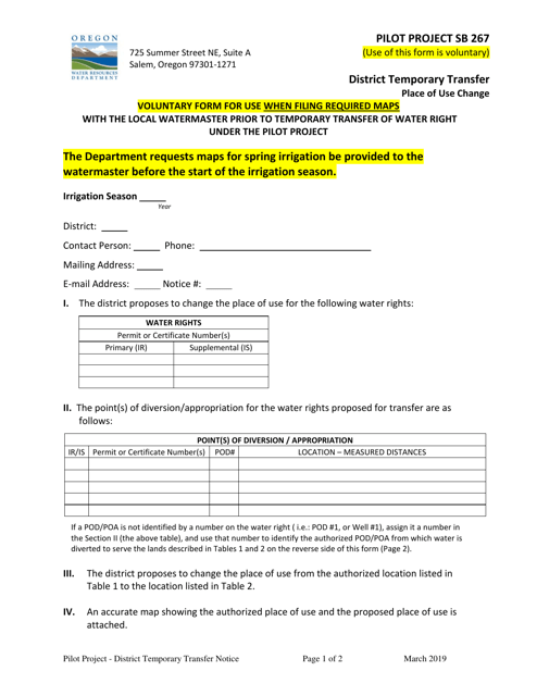 District Temporary Transfer Place of Use Change (Pilot Project Sb 267) - Oregon Download Pdf
