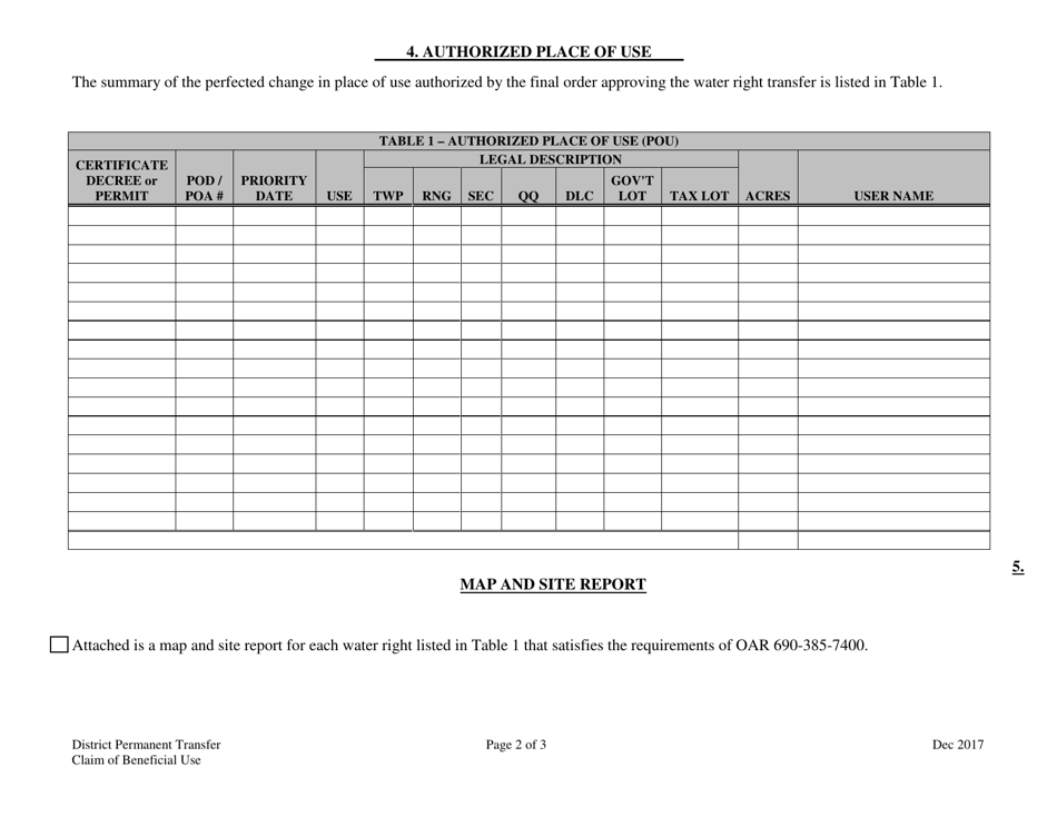 Oregon District Permanent Water Right Transfer Claim of Beneficial Use ...