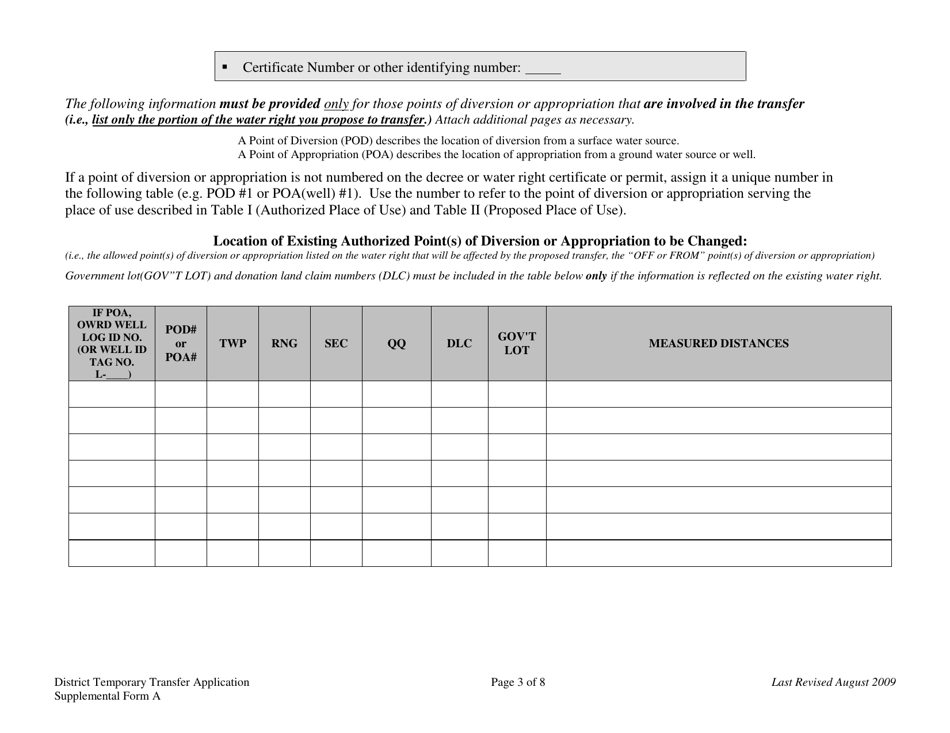 Supplemental Form A District Temporary Water Right Transfer Application - Oregon, Page 3