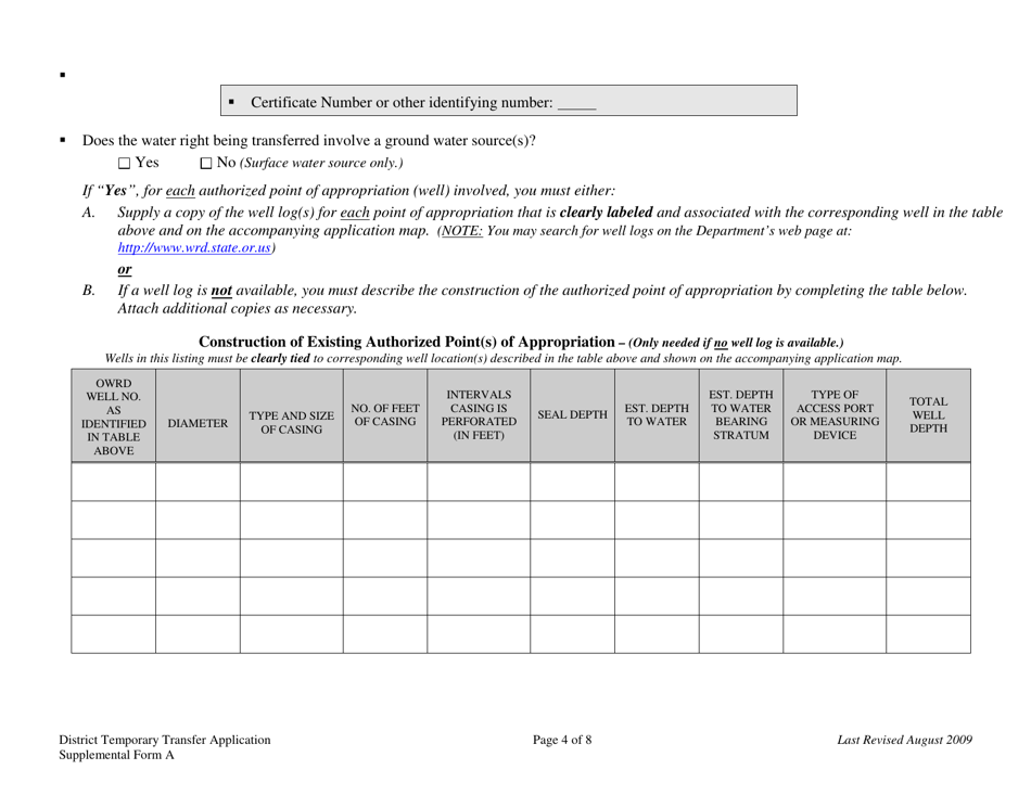 Supplemental Form A District Temporary Water Right Transfer Application - Oregon, Page 4