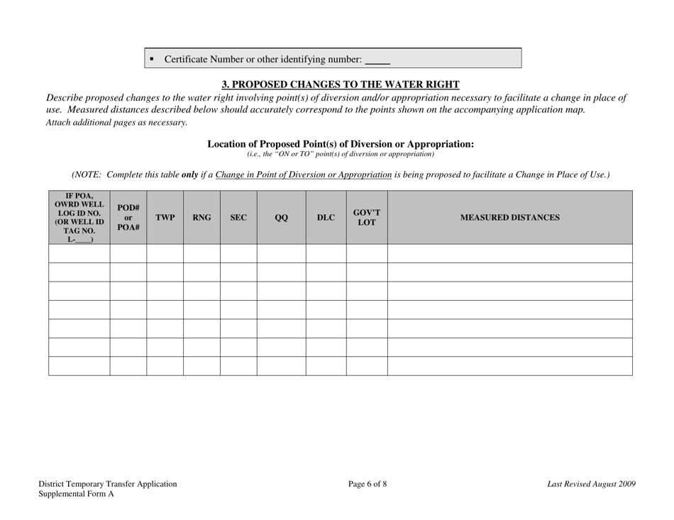 Supplemental Form A District Temporary Water Right Transfer Application - Oregon, Page 6