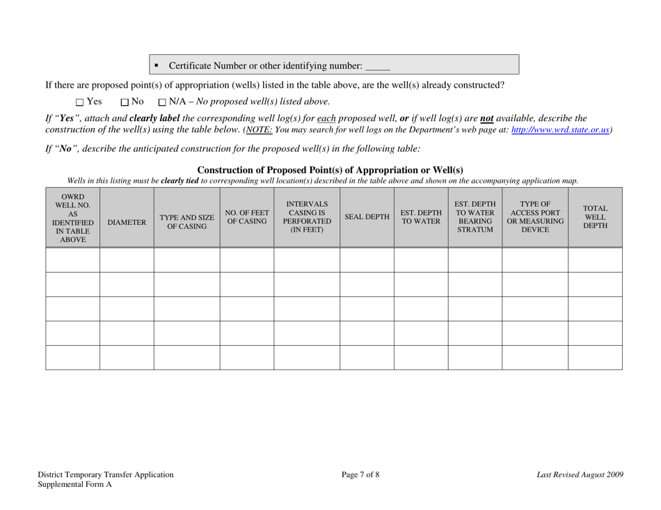 Supplemental Form A District Temporary Water Right Transfer Application - Oregon, Page 7