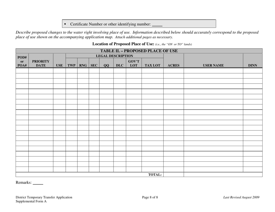 Supplemental Form A District Temporary Water Right Transfer Application - Oregon, Page 8