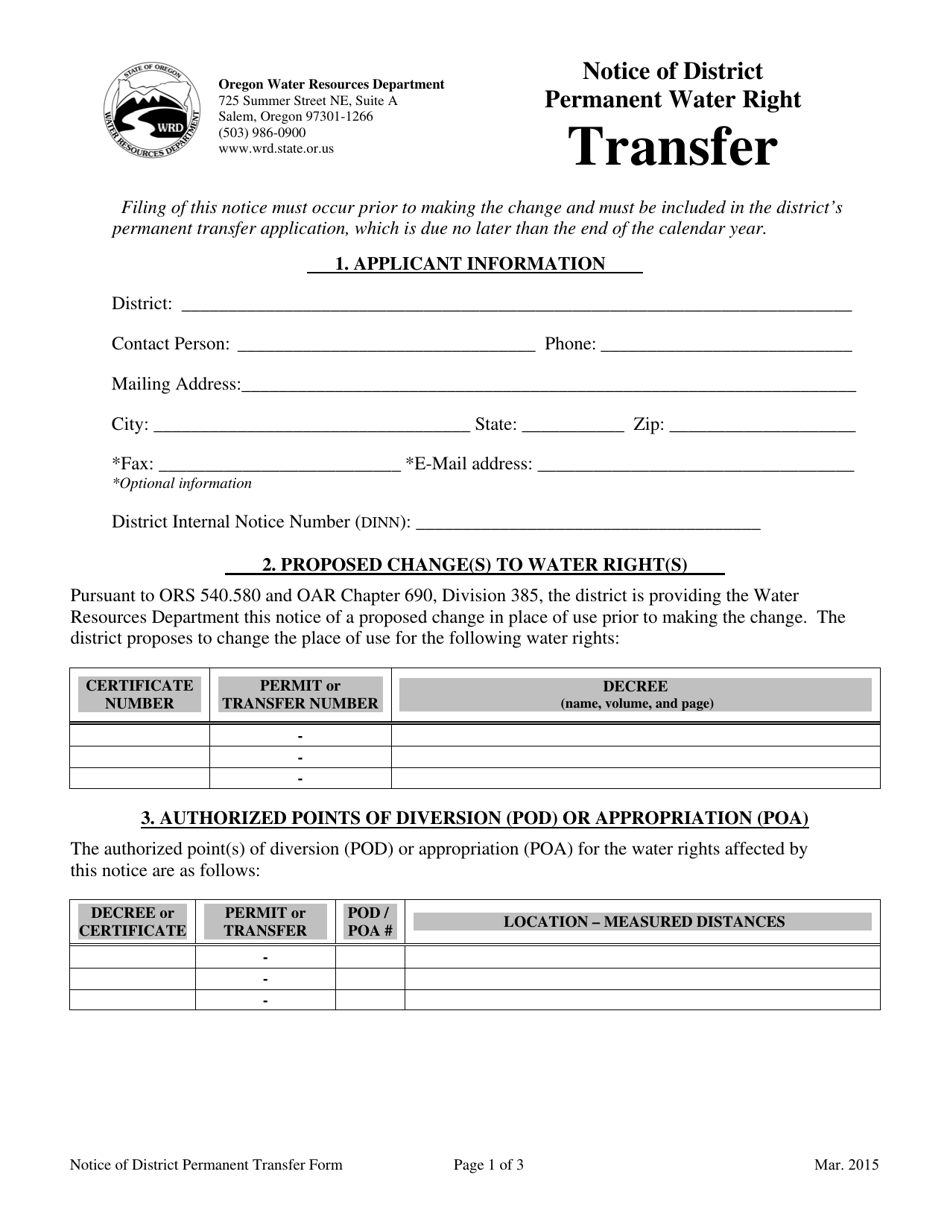 Notice of District Permanent Water Right Transfer - Oregon, Page 1