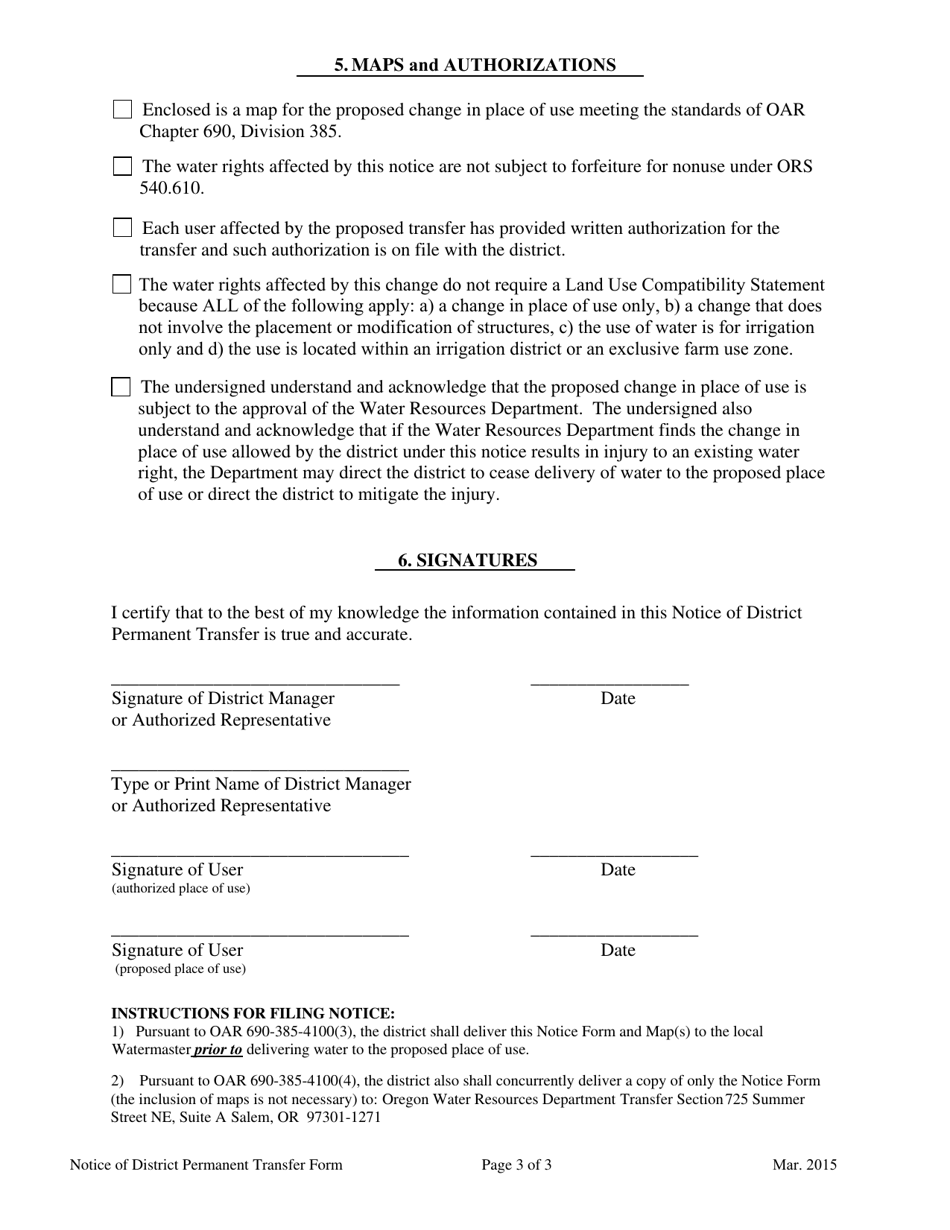 Notice of District Permanent Water Right Transfer - Oregon, Page 3