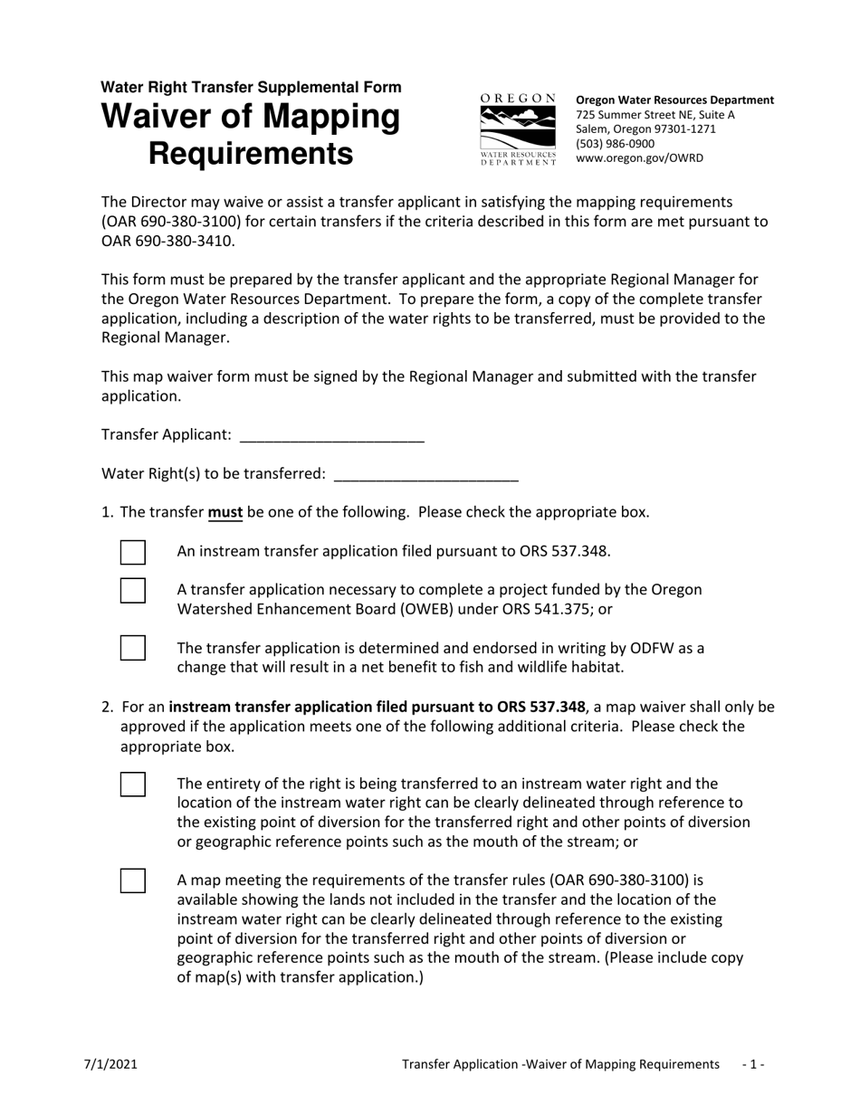 Water Right Transfer Supplemental Form - Waiver of Mapping Requirements - Oregon, Page 1
