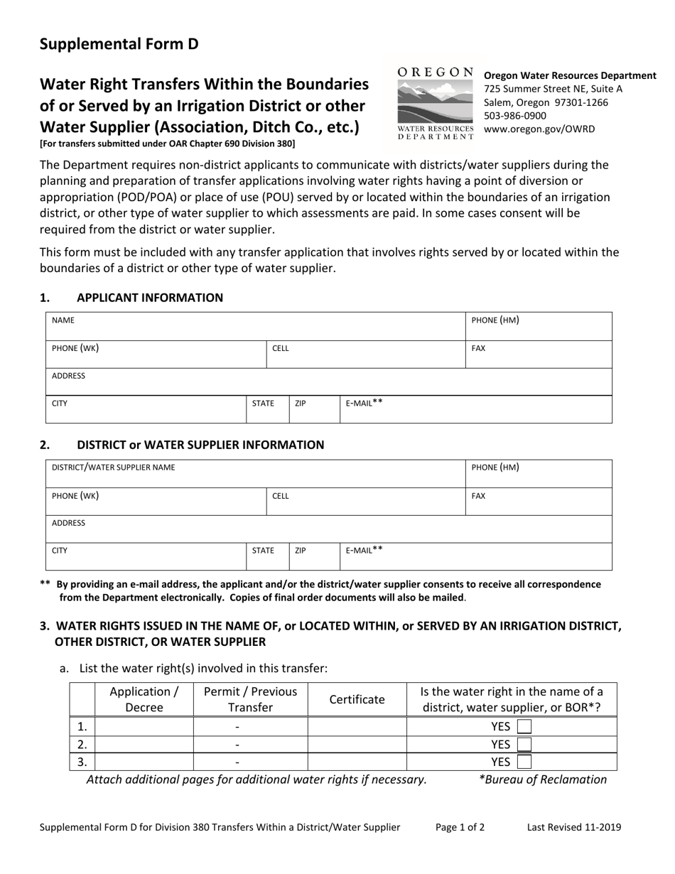 Supplemental Form D Water Right Transfers Within the Boundaries of or Served by an Irrigation District or Other Water Supplier (Association, Ditch Co., Etc.) - Oregon, Page 1