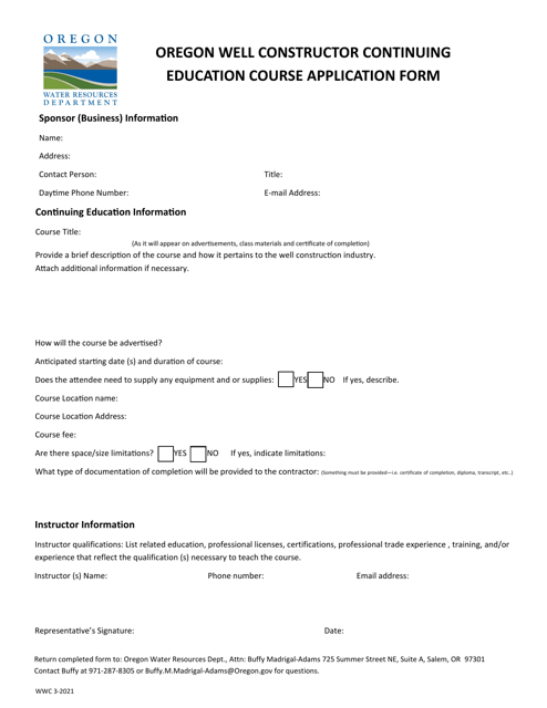 Oregon Well Constructor Continuing Education Course Application Form - Oregon Download Pdf