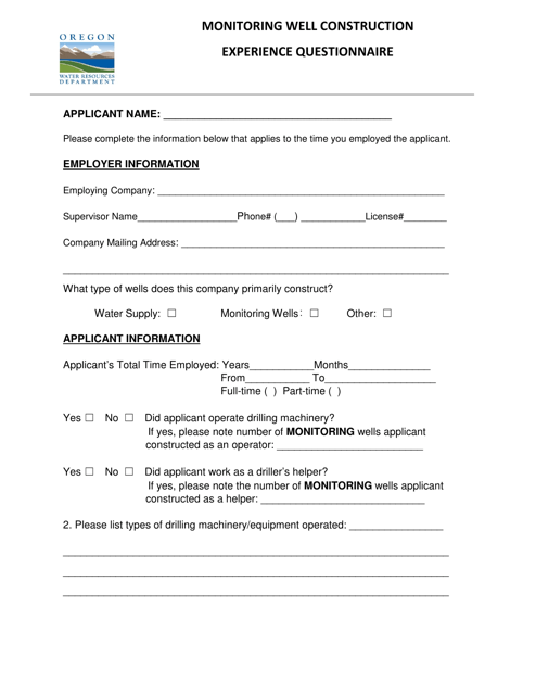 Monitoring Well Construction Experience Questionnaire - Oregon Download Pdf