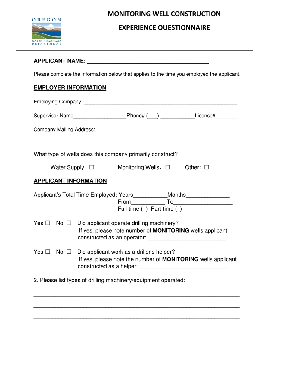 Monitoring Well Construction Experience Questionnaire - Oregon, Page 1