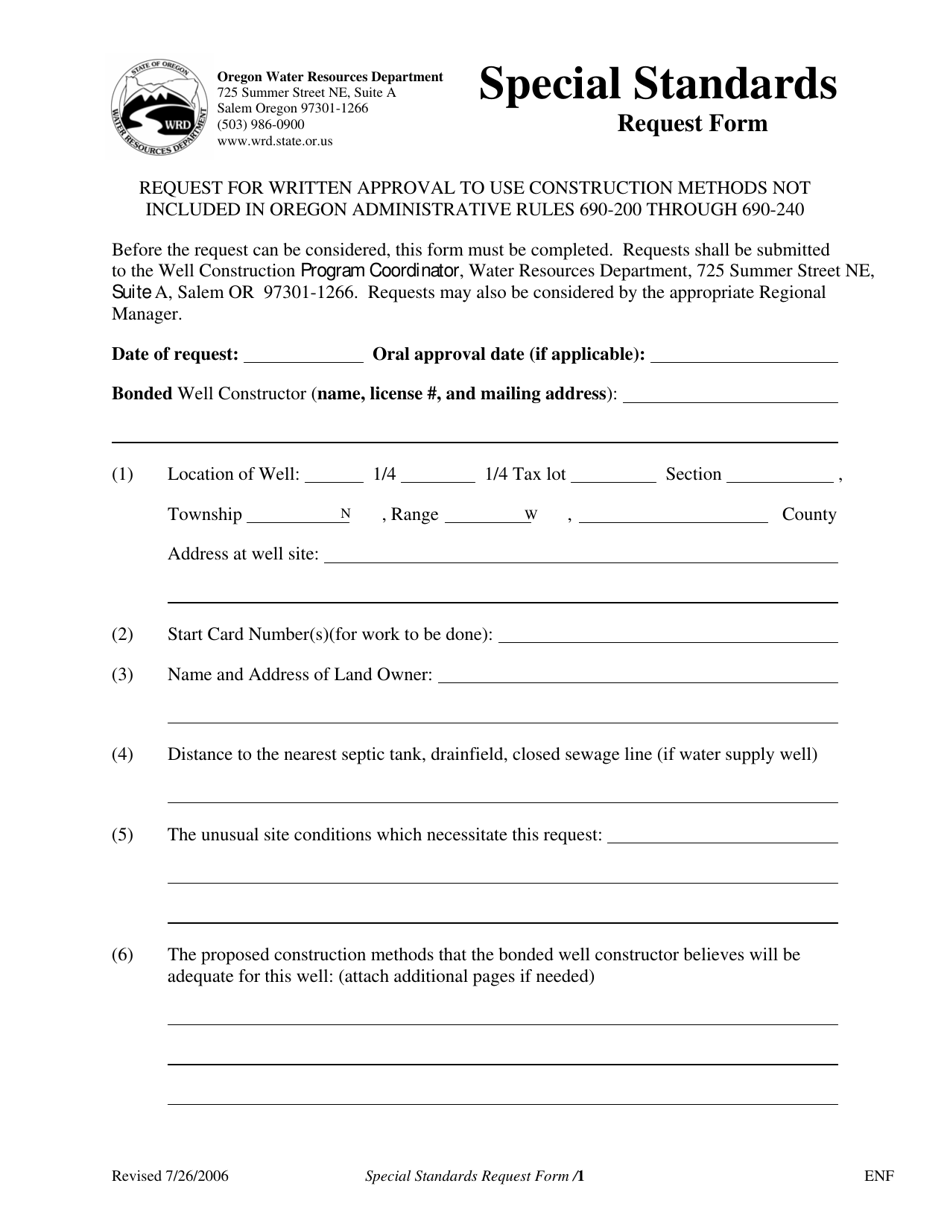 Special Standards Request Form - Oregon, Page 1