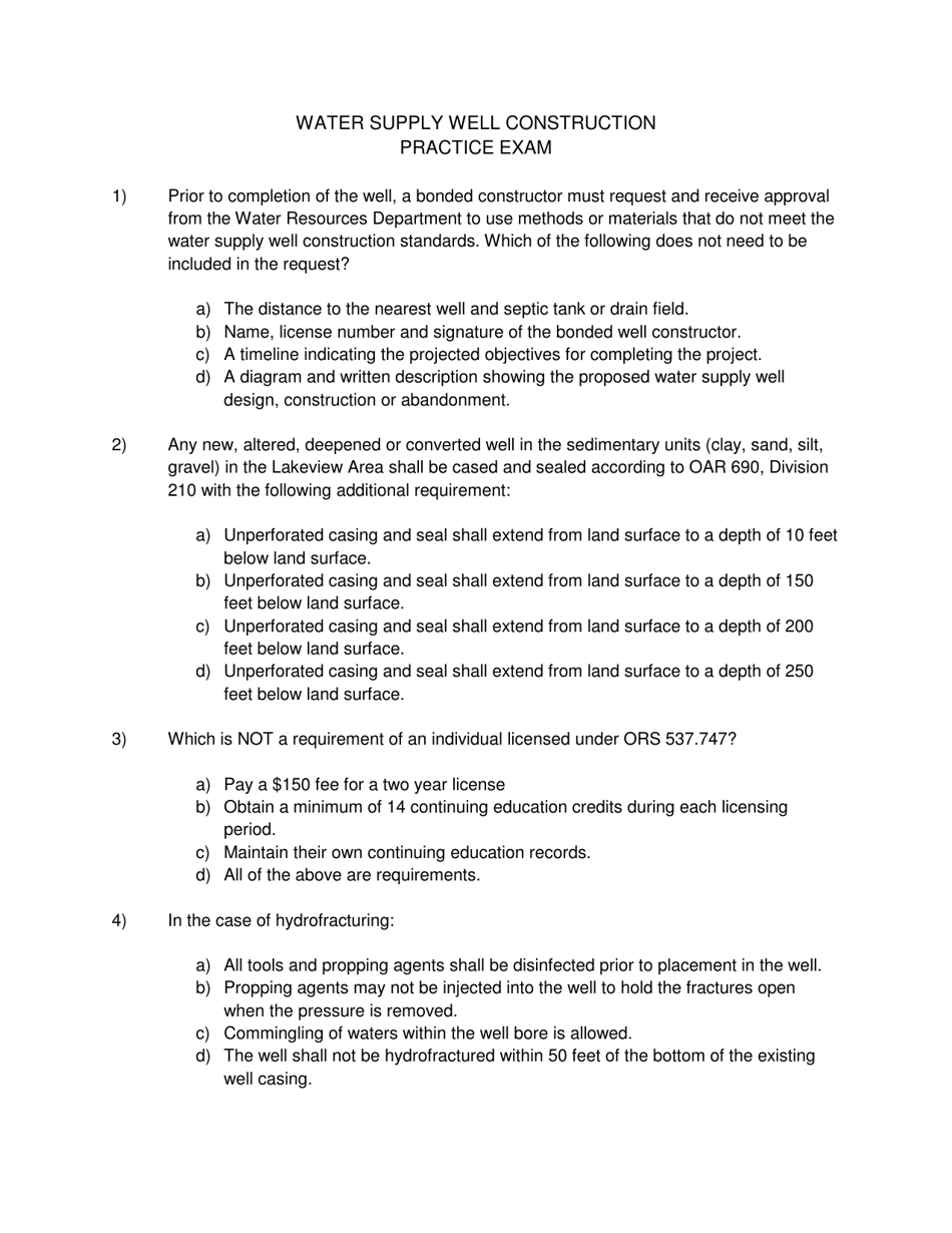 Water Supply Well Construction Practice Exam - Oregon, Page 1
