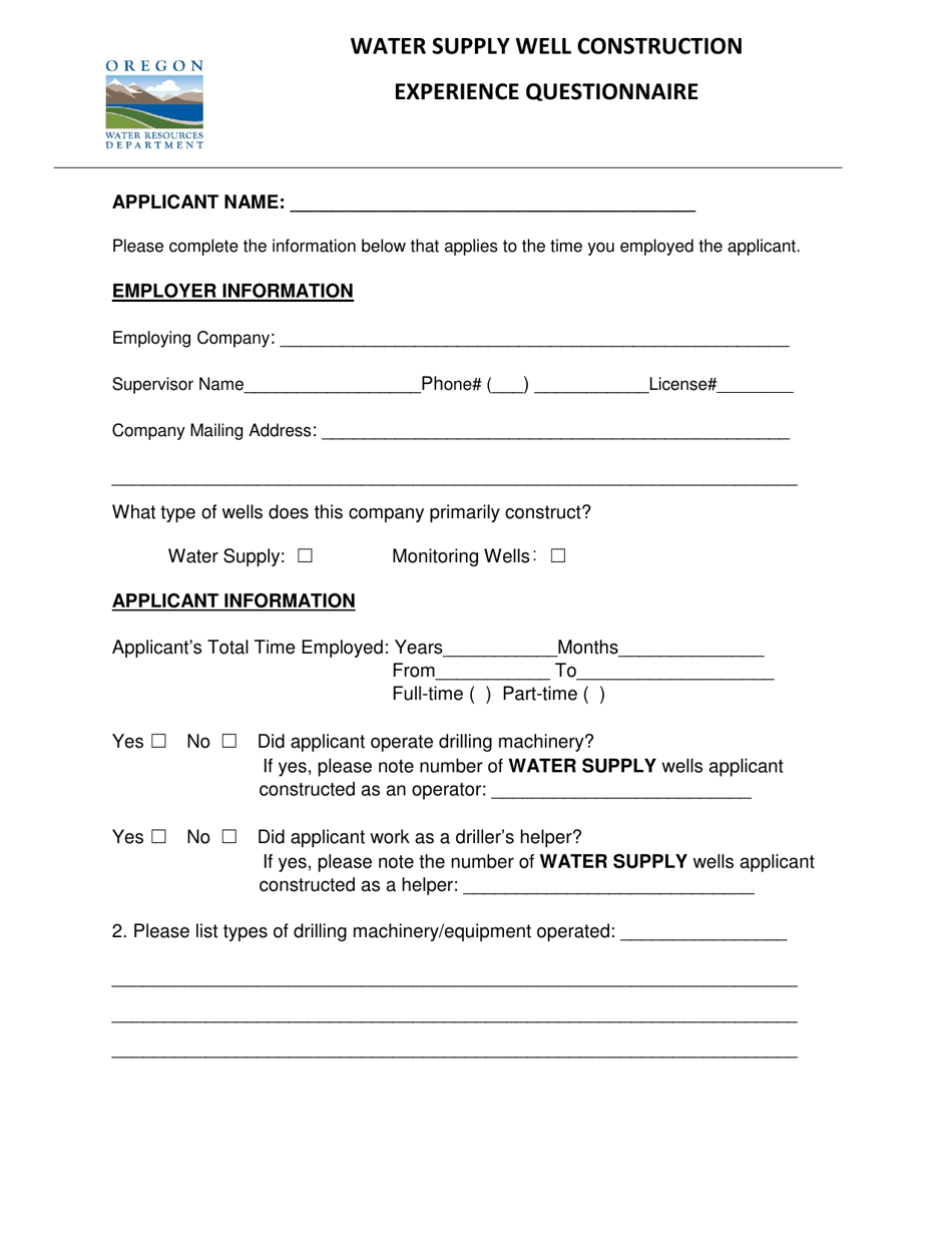 Water Supply Well Construction Experience Questionnaire - Oregon, Page 1