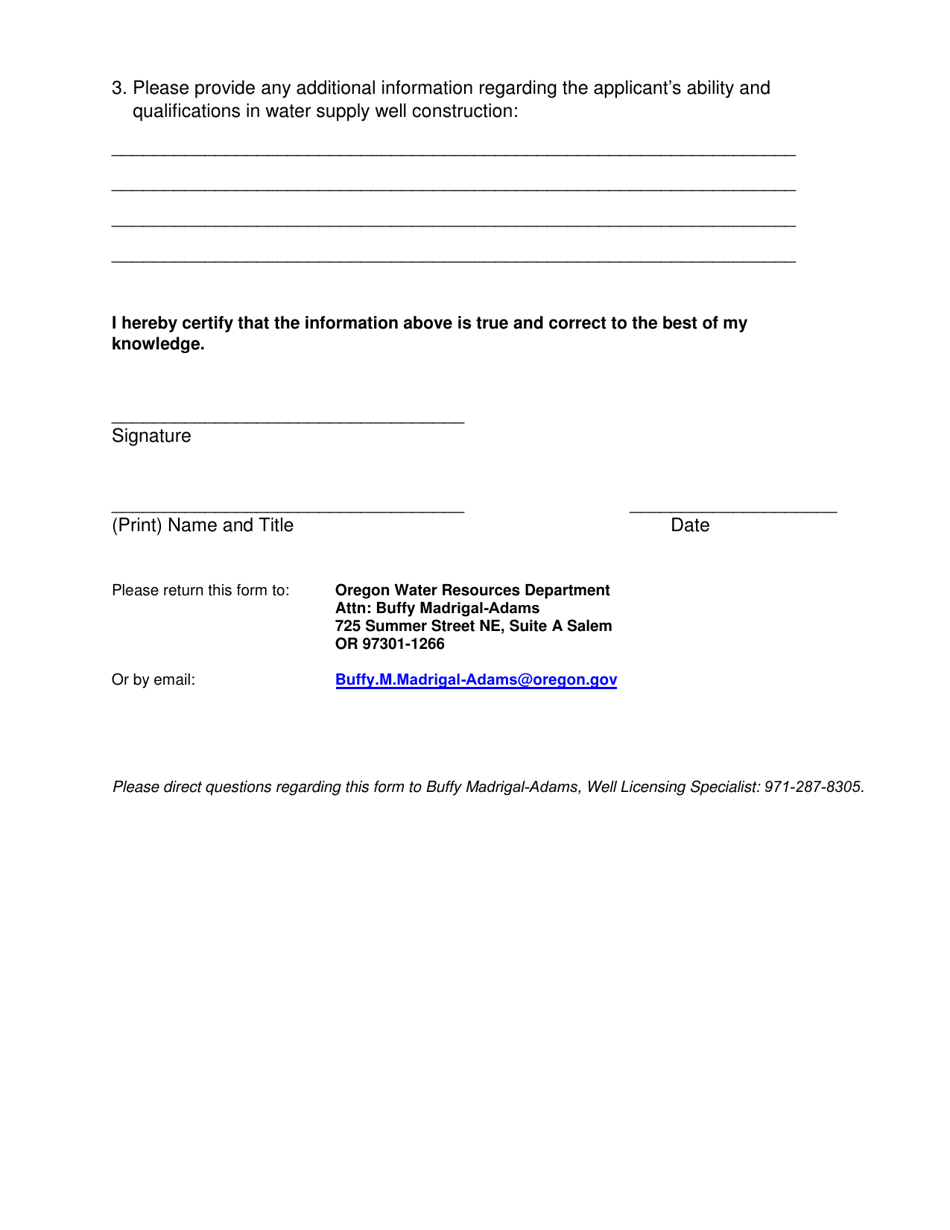 Water Supply Well Construction Experience Questionnaire - Oregon, Page 2