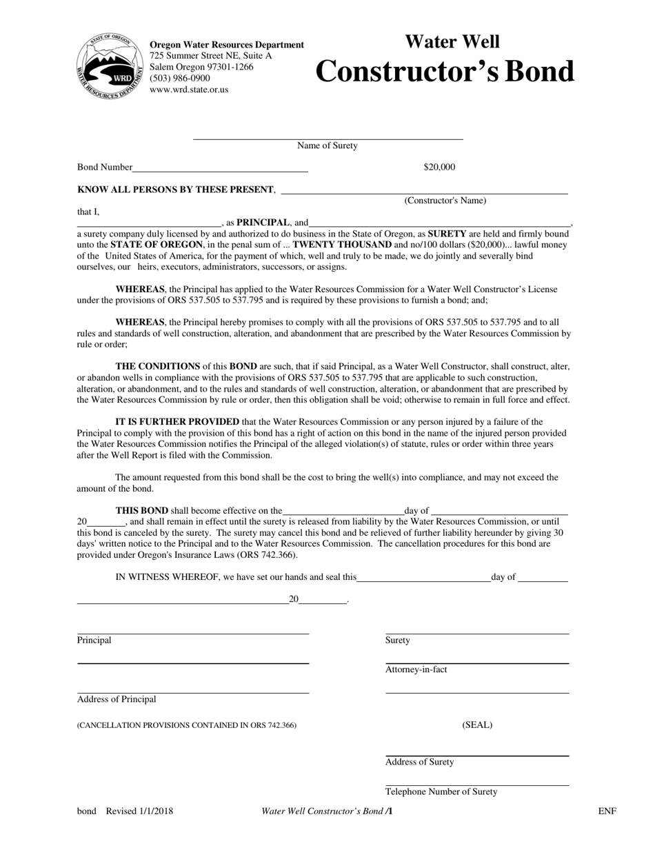 Oregon Water Well Constructor #39 s Bond Fill Out Sign Online and