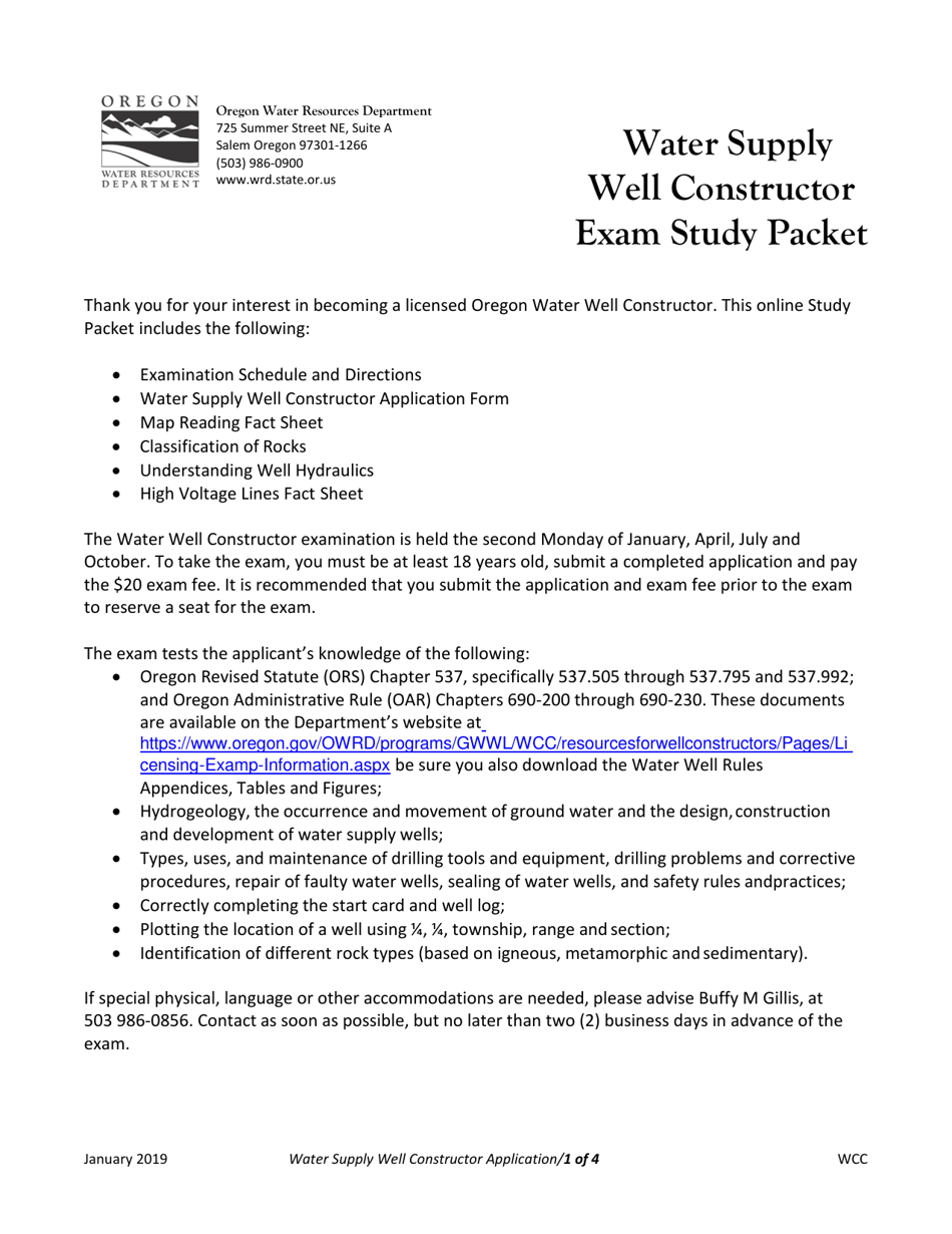 Water Supply Well Constructor Application - Oregon, Page 1