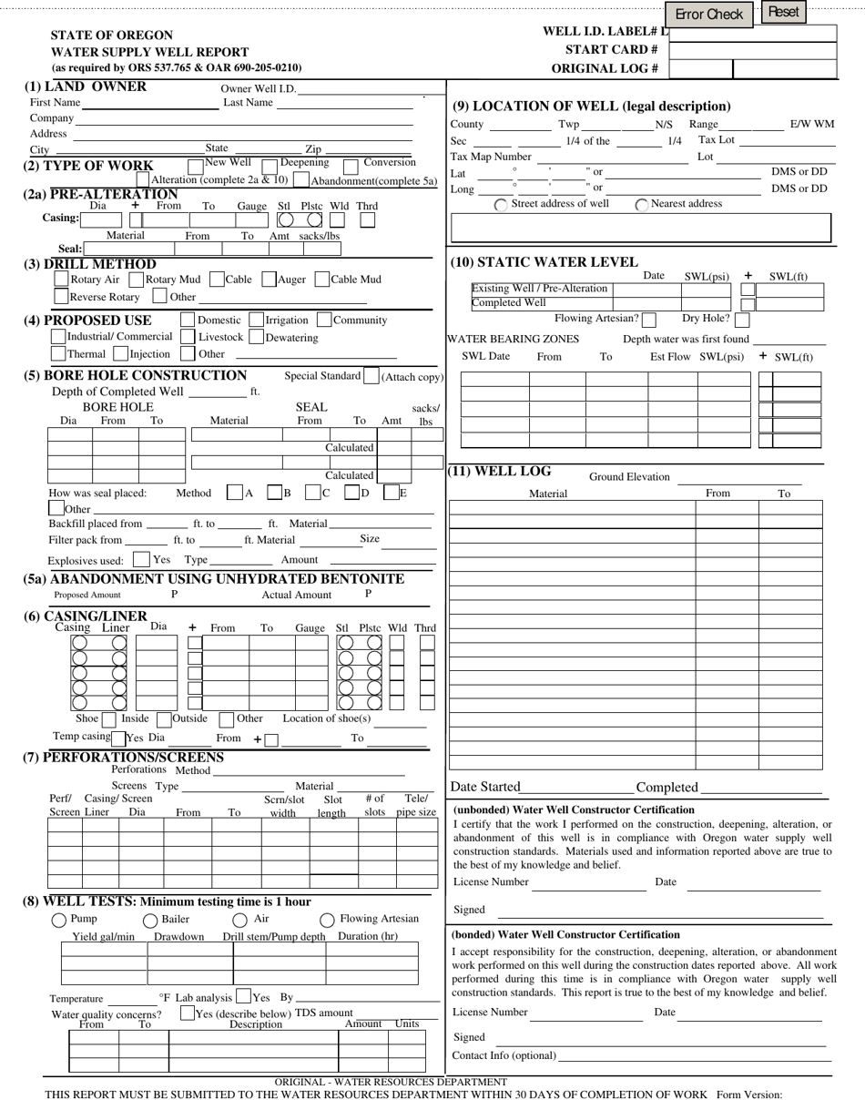 Water Supply Well Report Form - Oregon, Page 1