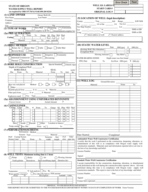Water Supply Well Report Form - Oregon Download Pdf