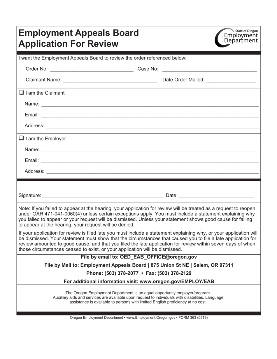 Form 363 Application for Review - Oregon, Page 1