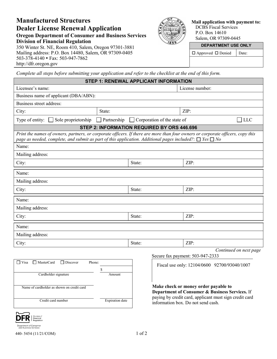 Form 440-5454 Manufactured Structures Dealer License Renewal Application - Oregon, Page 1