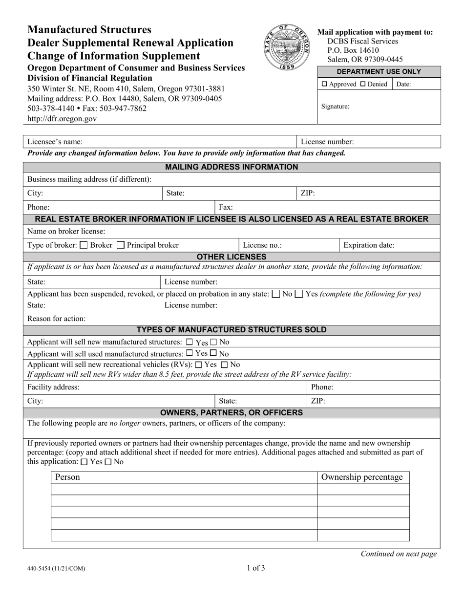 Form 440-5454 Manufactured Structures Dealer License Renewal Application - Oregon, Page 3