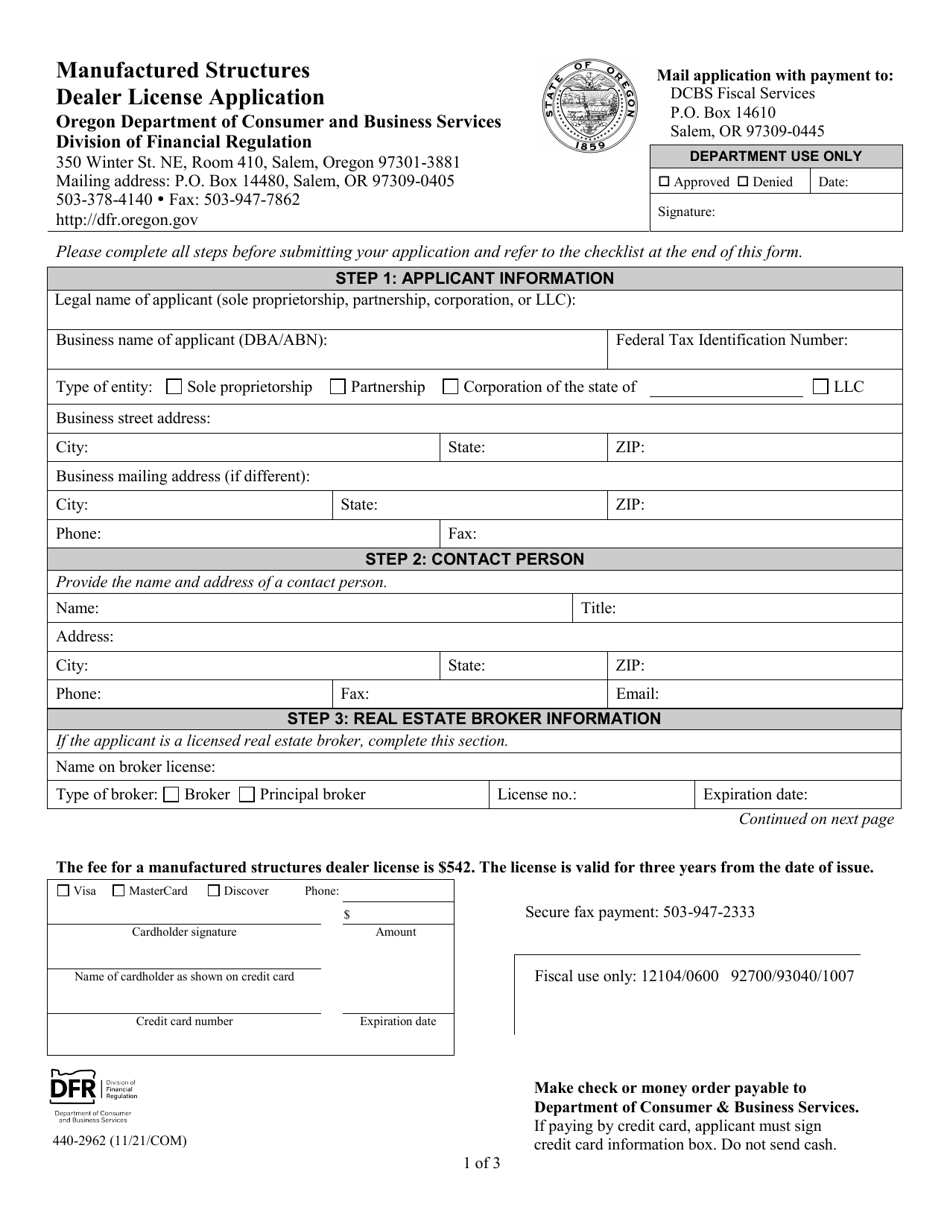 Form 440-2962 Manufactured Structures Dealer License Application - Oregon, Page 1
