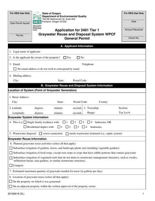 "Application for 2401 Tier 1 Graywater Reuse and Disposal System Wpcf General Permit" - Oregon Download Pdf