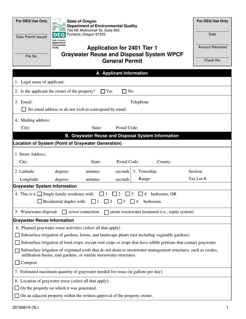 Application for 2401 Tier 1 Graywater Reuse and Disposal System Wpcf General Permit - Oregon, Page 1