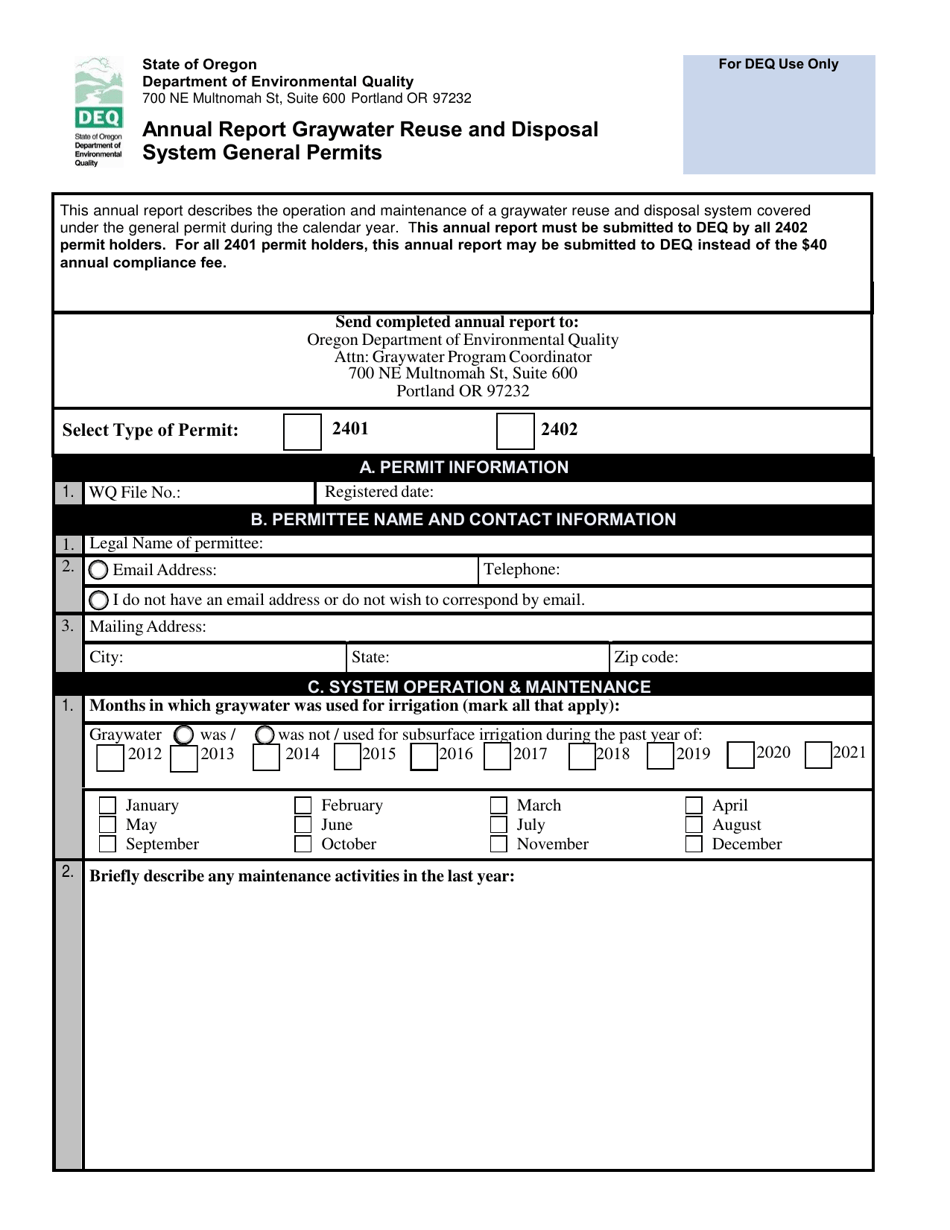 Annual Report Graywater Reuse and Disposal System General Permit - Oregon, Page 1
