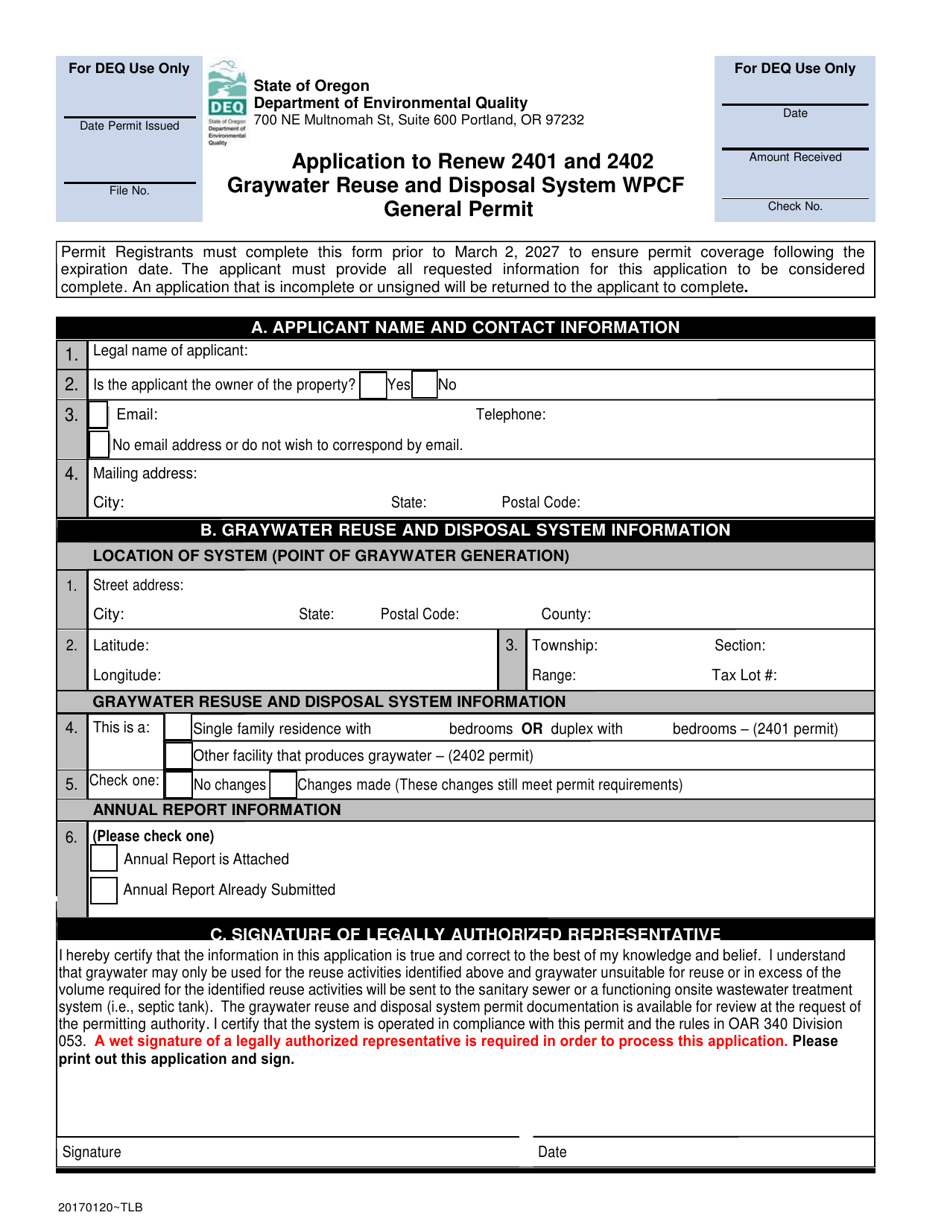 Application to Renew 2401 and 2402 Graywater Reuse and Disposal System Wpcf General Permit - Oregon, Page 1