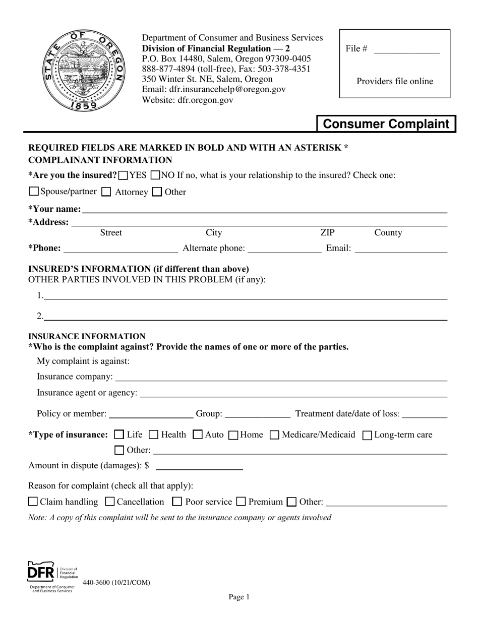 Form 440-3600 Consumer Complaint - Oregon, Page 1
